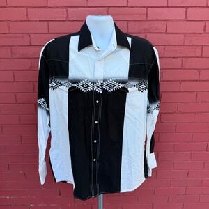 Vtg Wrangler Western Shirt Mens XL Black White Stripe Print Snap Button Aztec